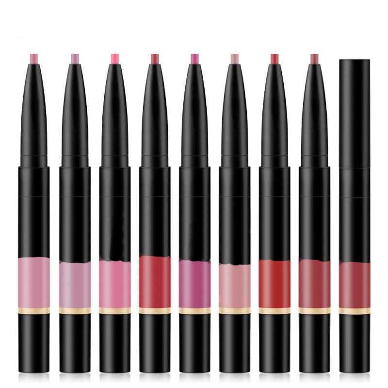 Double tip Lip Glaze Pencil Lip Gloss Liquid Matte Lipstick Non Stick Cup Double Lip Enamel Pencil Lip Line Pen TSLM1